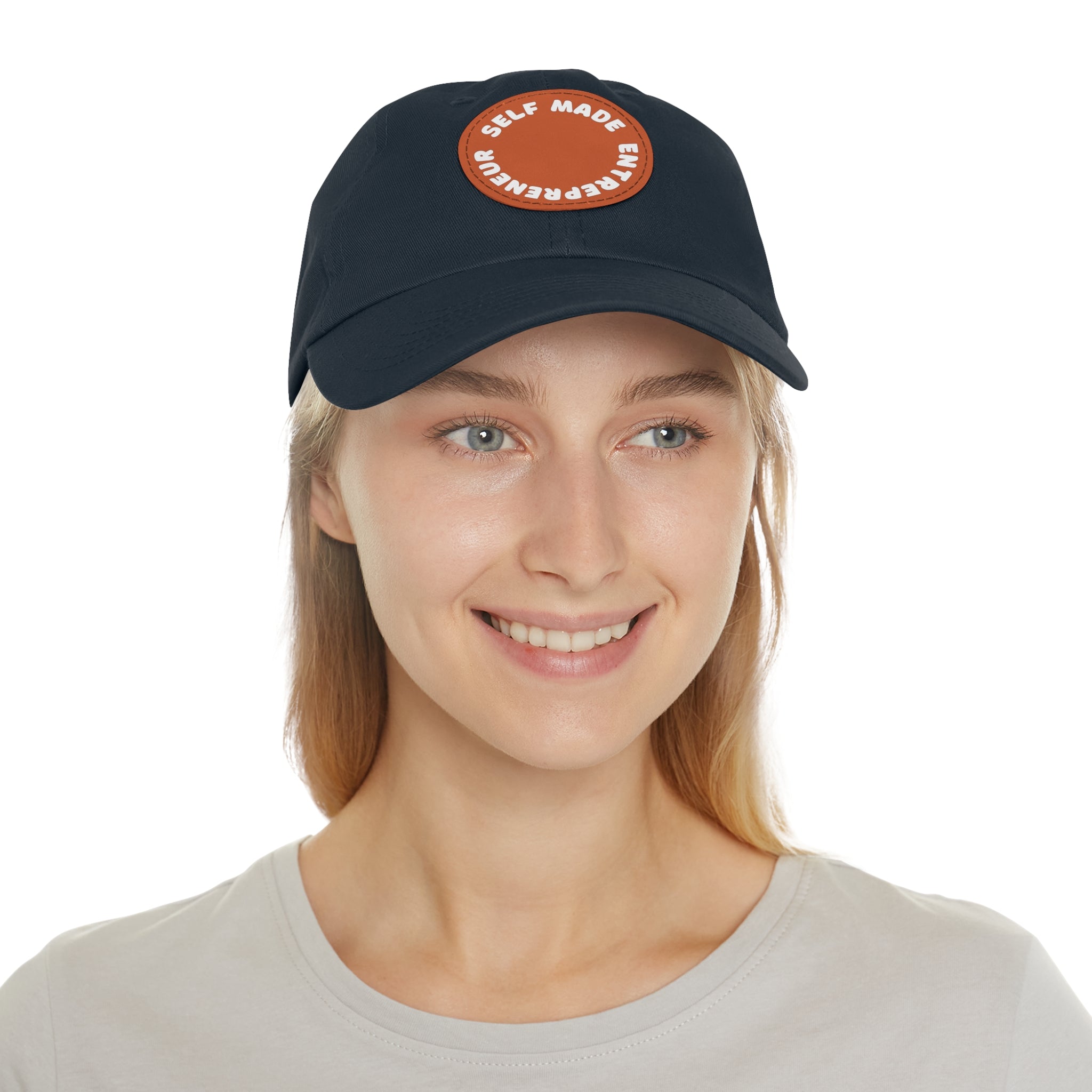 A person working hard to better his/herself - Self-Made Entrepreneur Hat with Leather Patch (Round) - Breakthrough Collection